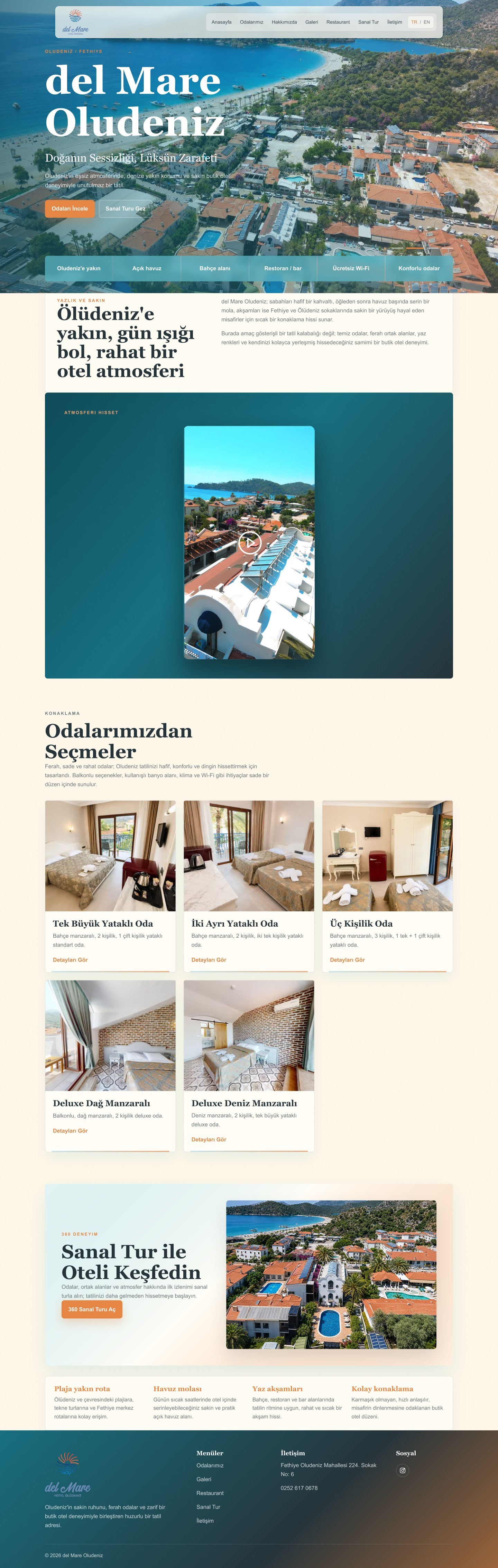 The full Del Mare Ölüdeniz homepage: hero, introduction, atmosphere video, room cards, virtual tour and footer