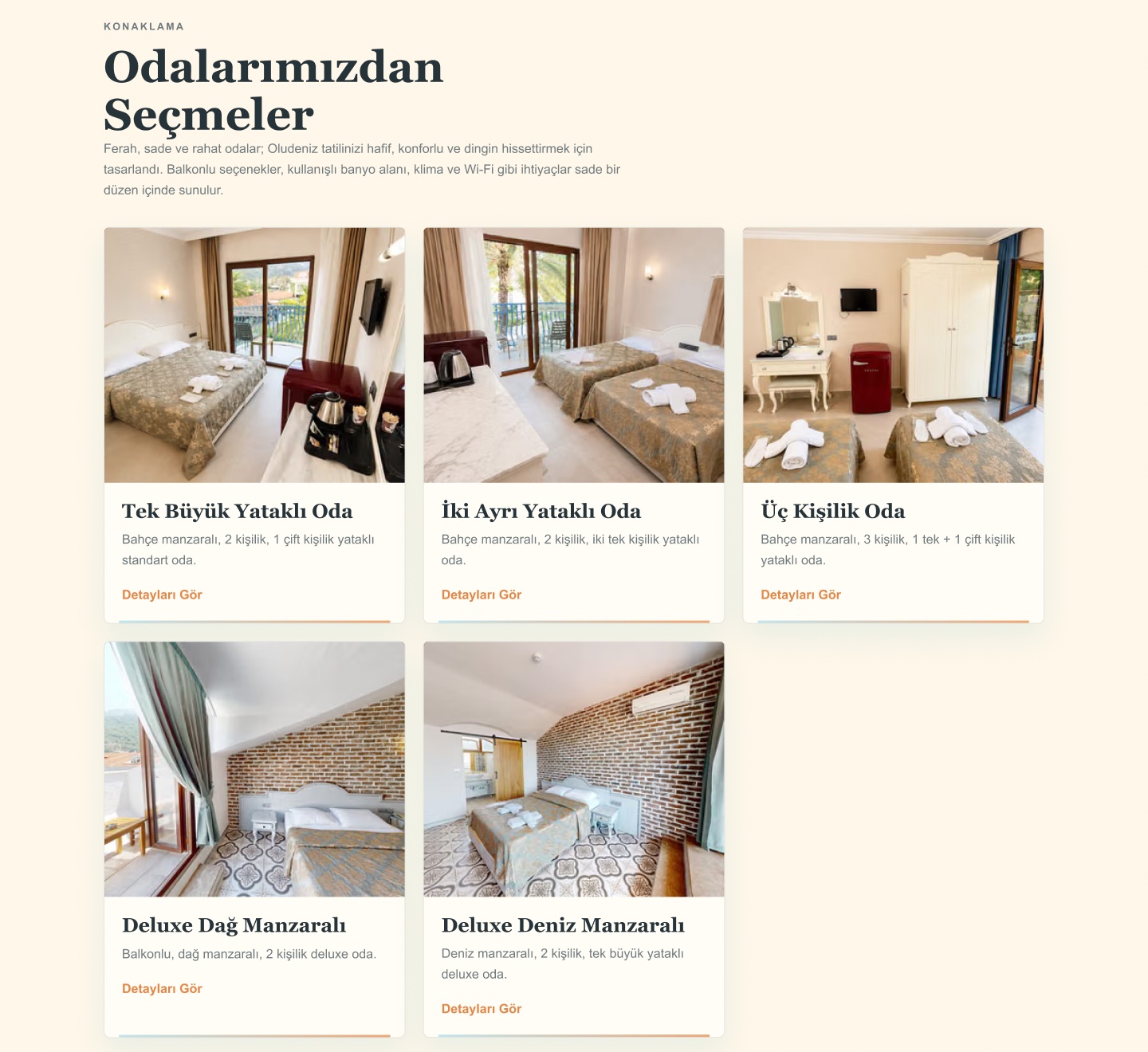 Five room cards with photo, name, short description and a Details link