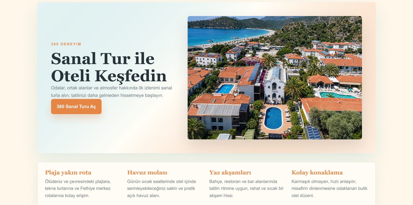 Virtual tour section with a photo and button, above four short highlights
