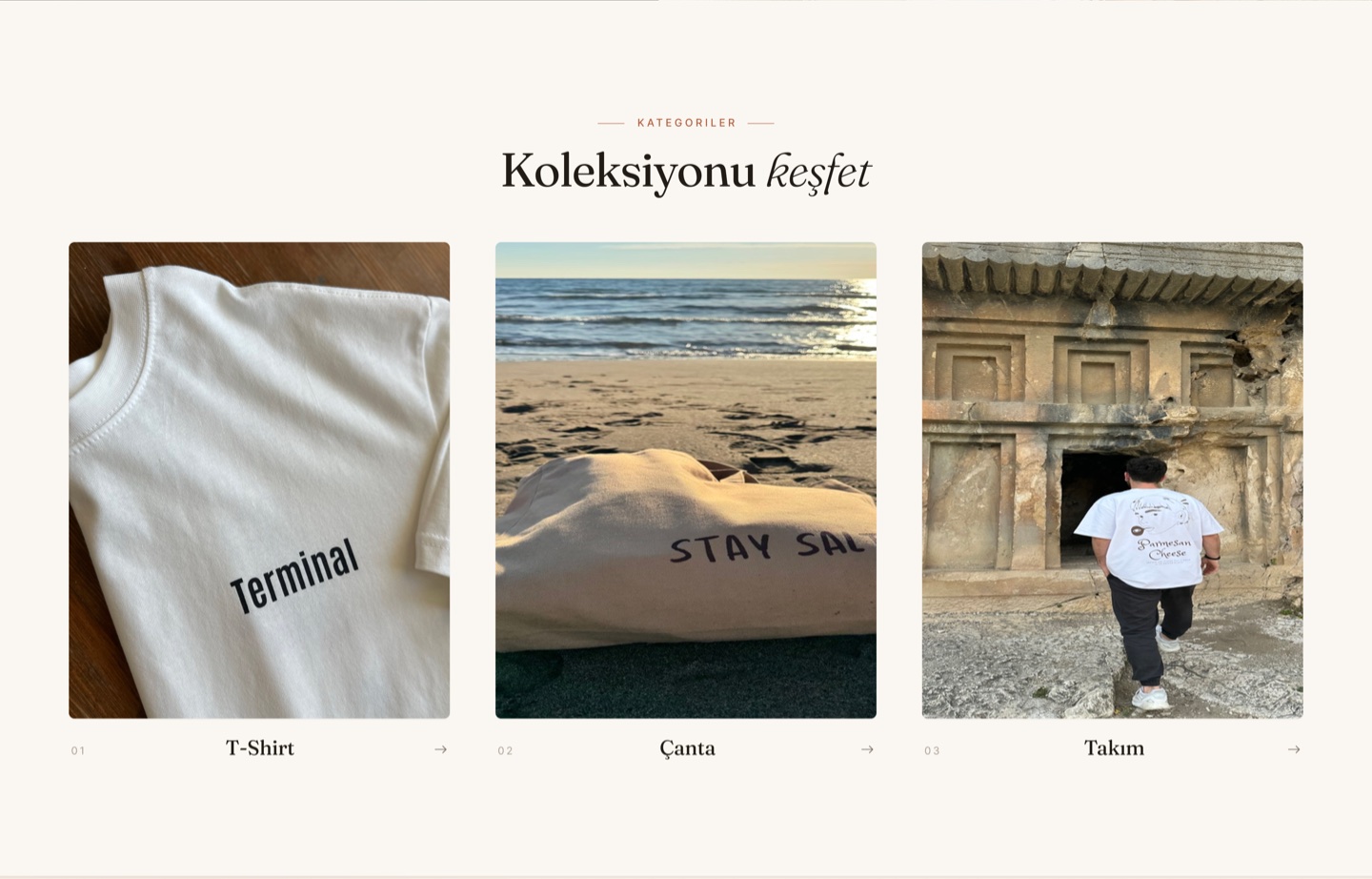 Three category tiles: T-Shirt, Bag and Set