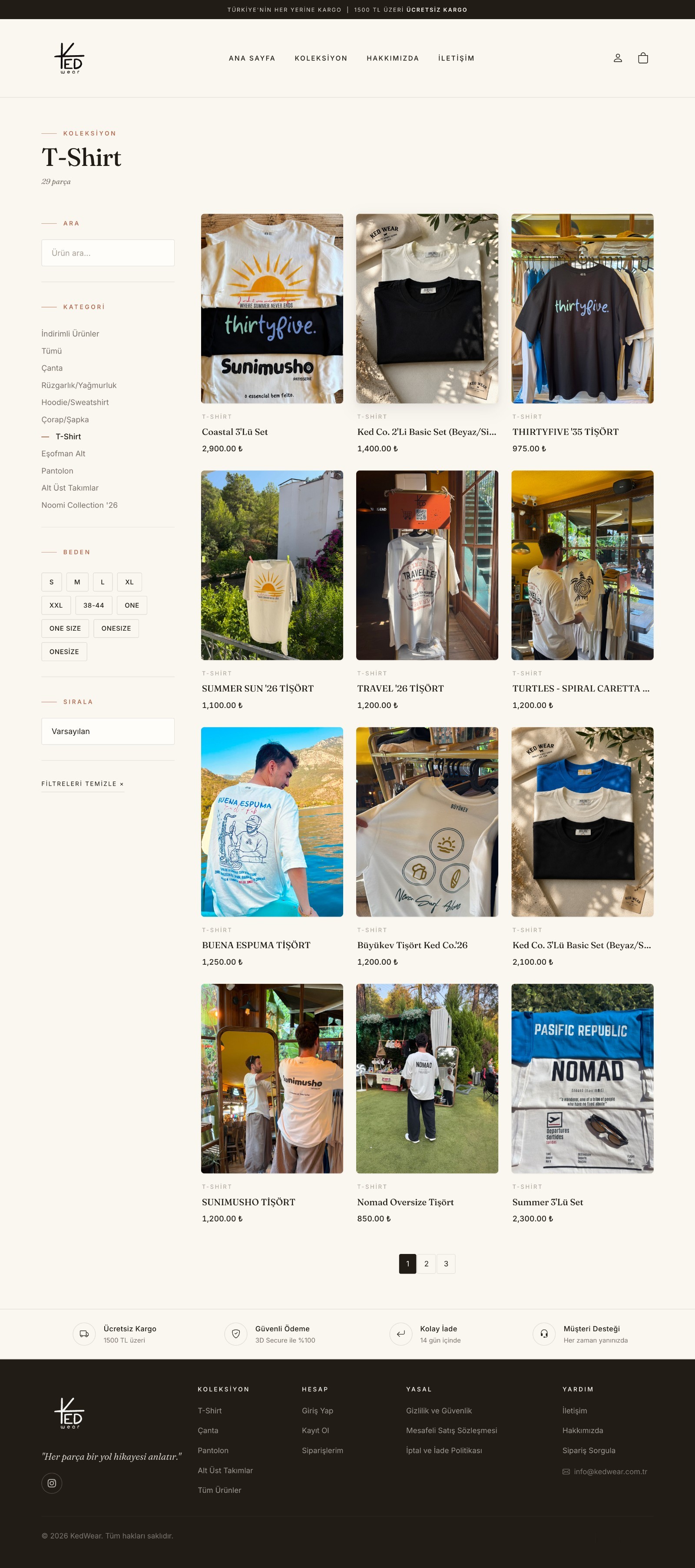 The KedWear T-Shirt category page: a sidebar with search, category and size filters, a product grid and pagination