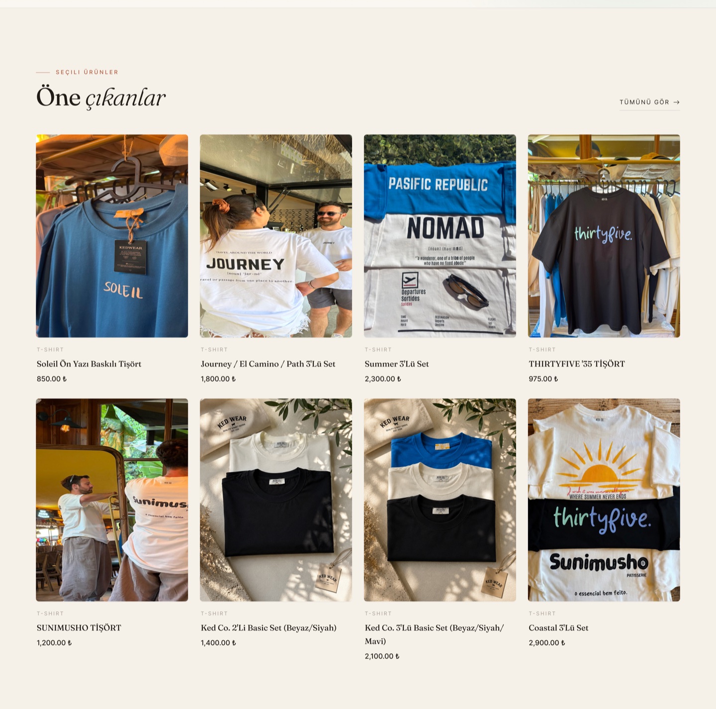 Eight featured product cards with photo, category, name and price