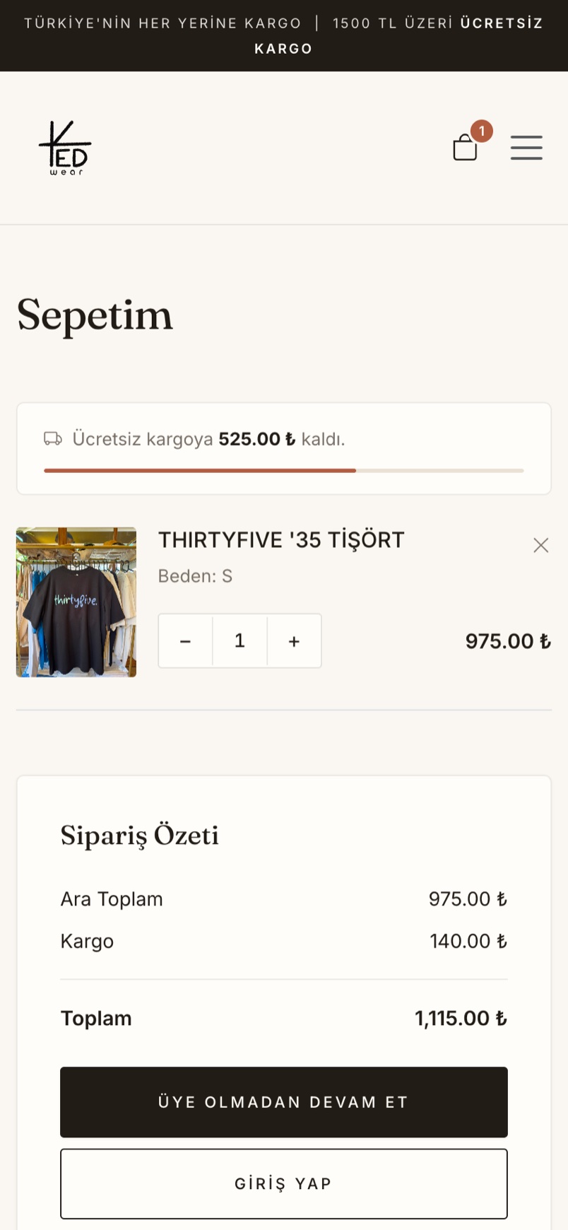 Mobile cart with one item, a free-shipping progress bar, the order summary and checkout buttons
