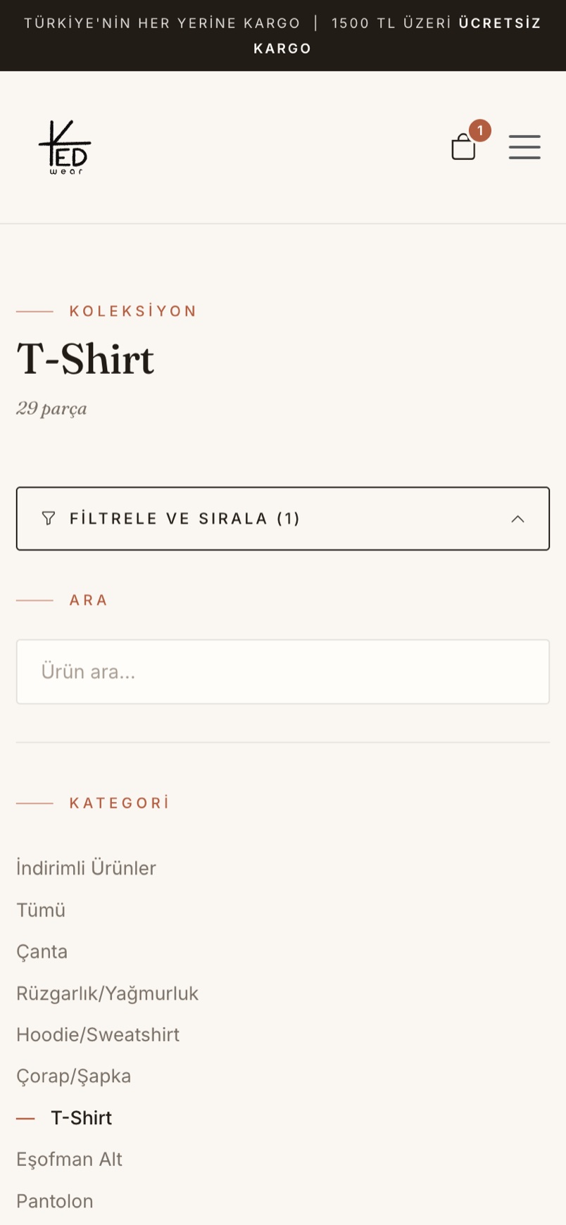 Mobile T-Shirt category with the Filter and Sort panel open, showing search and categories