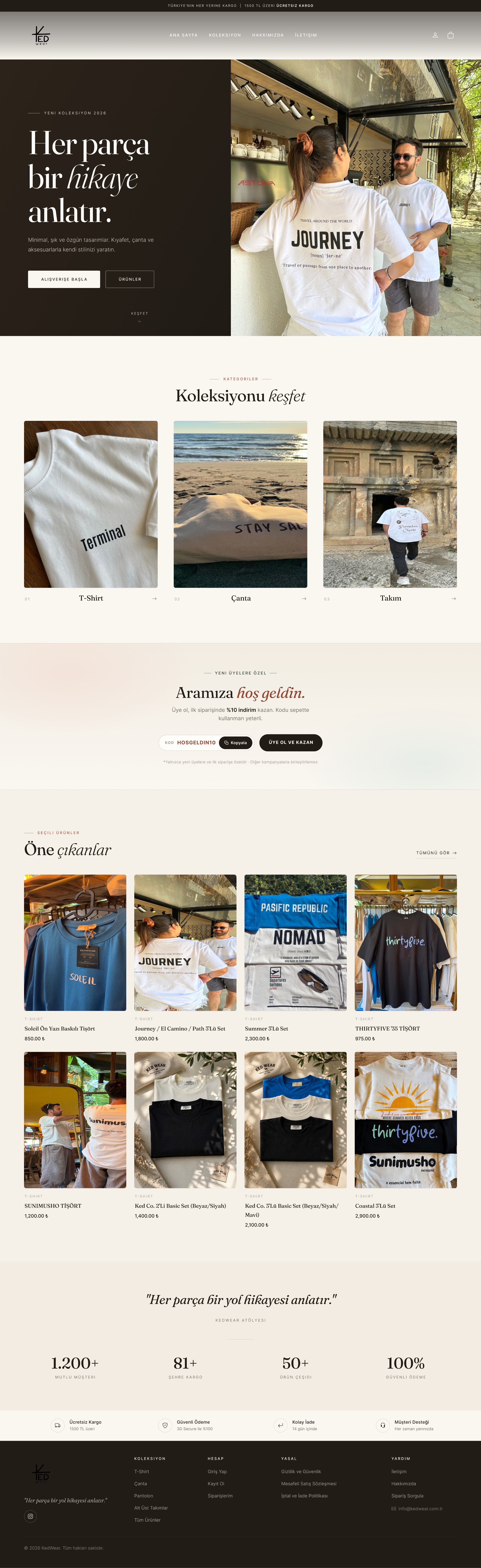 The full KedWear homepage: hero, category tiles, new-member offer, featured products, a quote, numbers, assurances and footer