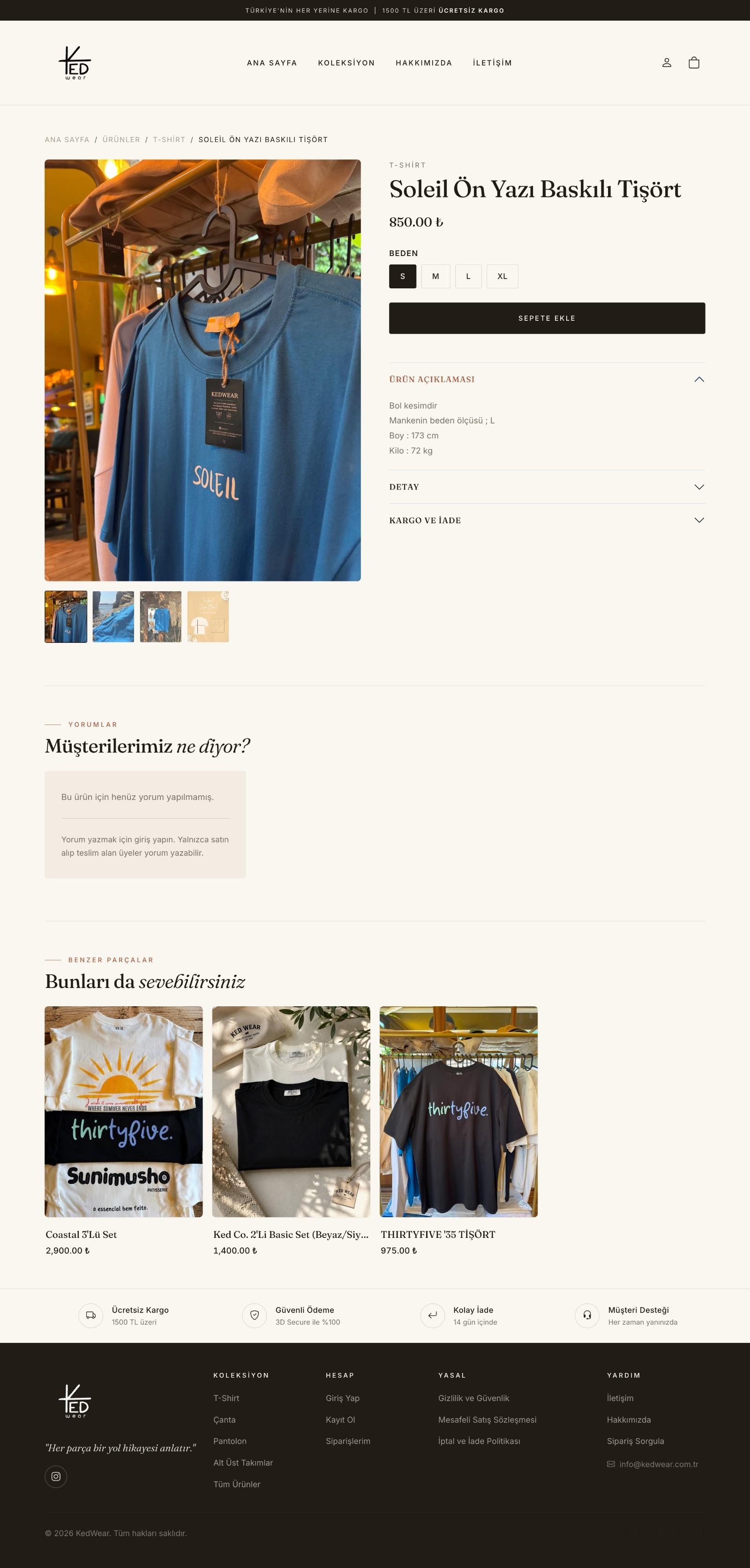 The KedWear product page for the Soleil printed t-shirt: photo gallery, name and price, size buttons, Add to Cart, description, details, shipping and returns, reviews and related products