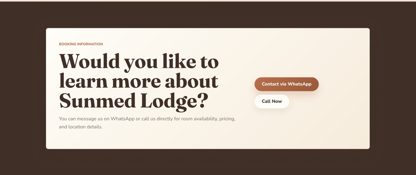 Contact block asking “Would you like to learn more about Sunmed Lodge?” with WhatsApp and Call Now buttons