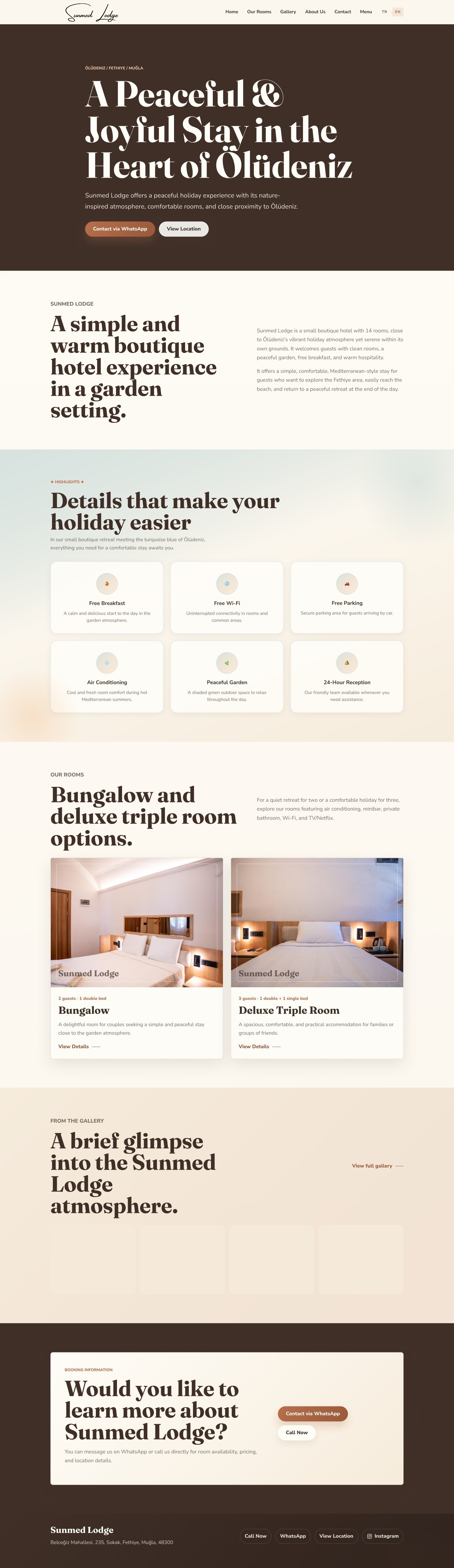 The full Sunmed Lodge homepage: hero, introduction, highlights, room cards, gallery preview, contact block and footer