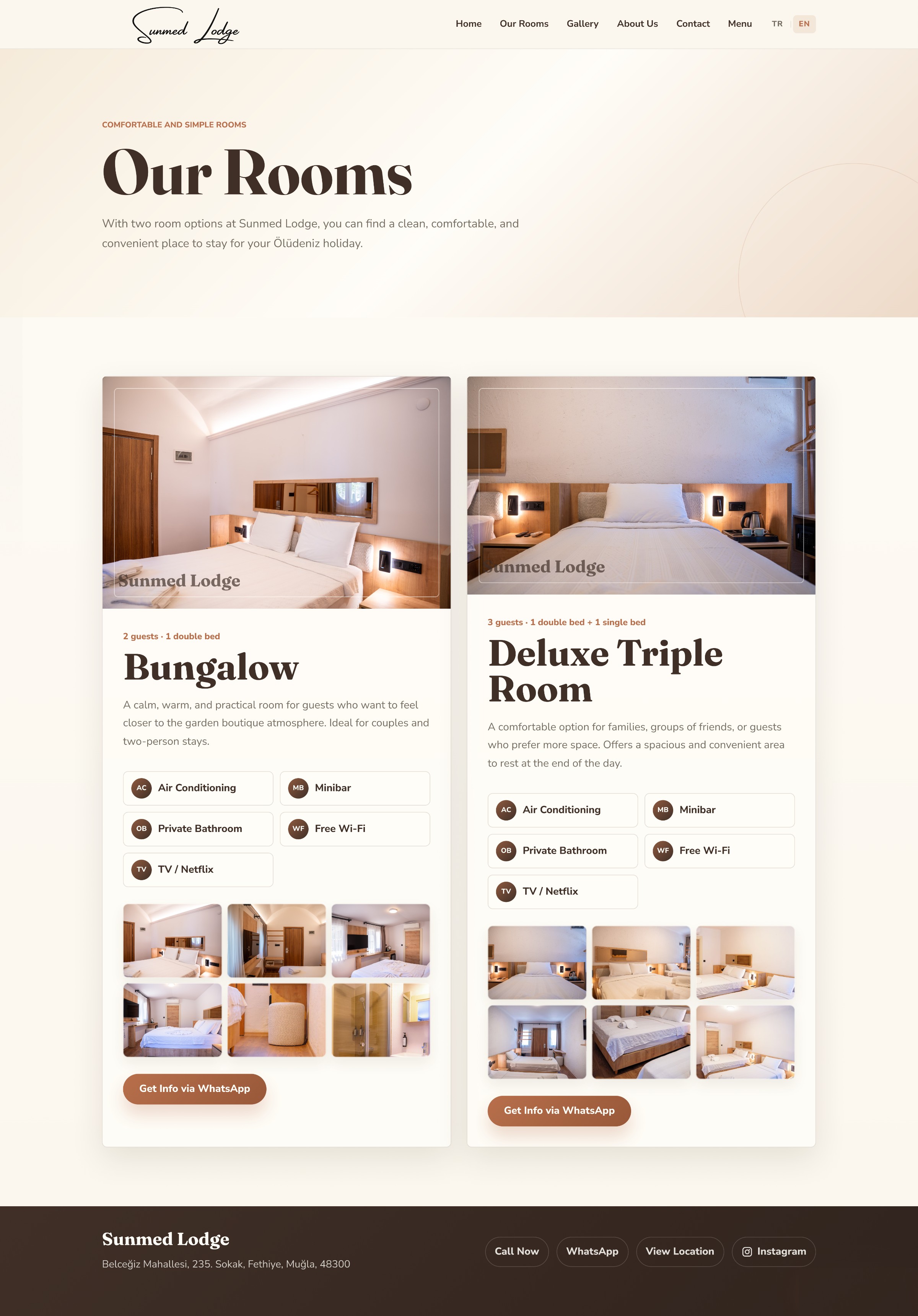 The Sunmed Lodge Our Rooms page: Bungalow and Deluxe Triple Room, each with a main photo, a thumbnail grid, amenity labels and a WhatsApp button