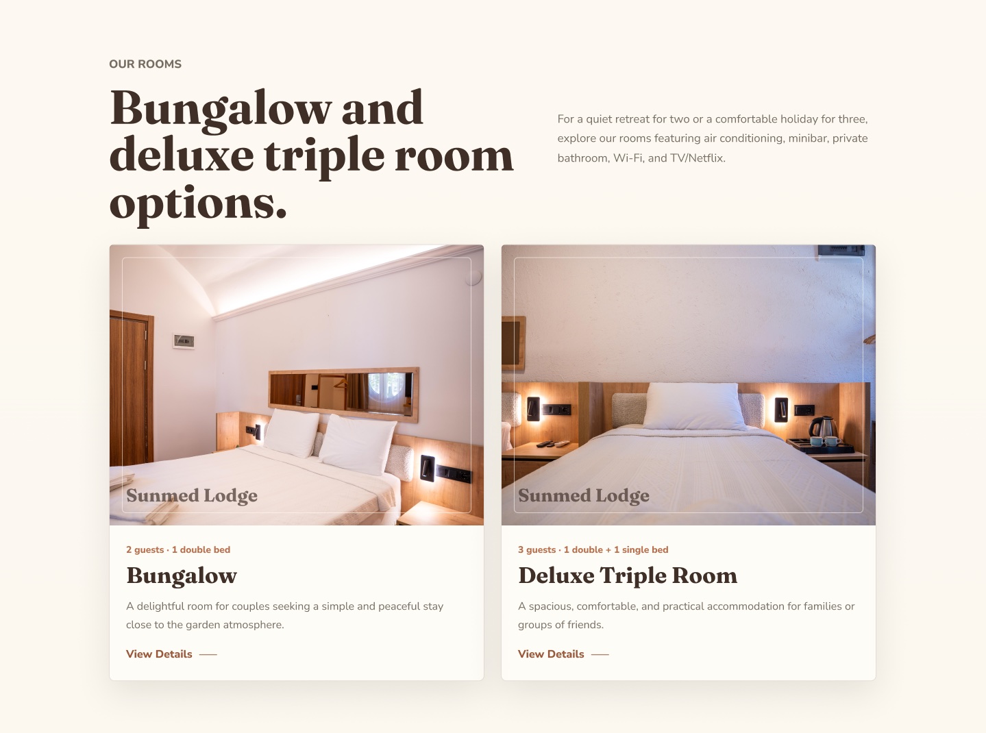Two room cards, Bungalow and Deluxe Triple Room, with guests, beds and a View Details link