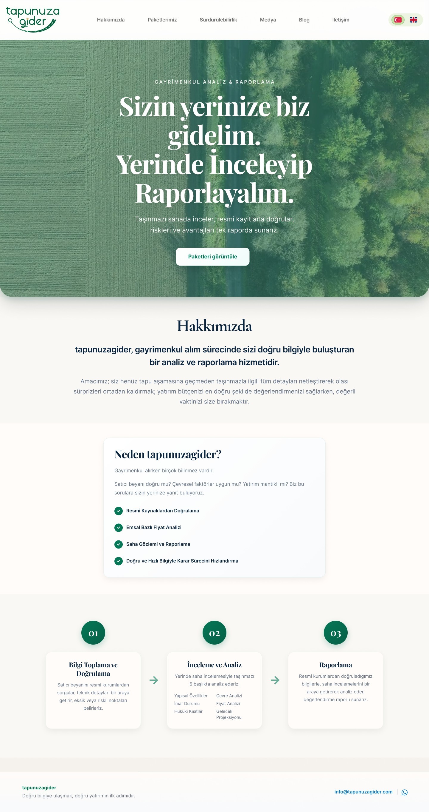 The full Tapunuzagider homepage: hero, about, why tapunuzagider, the three-step process and footer