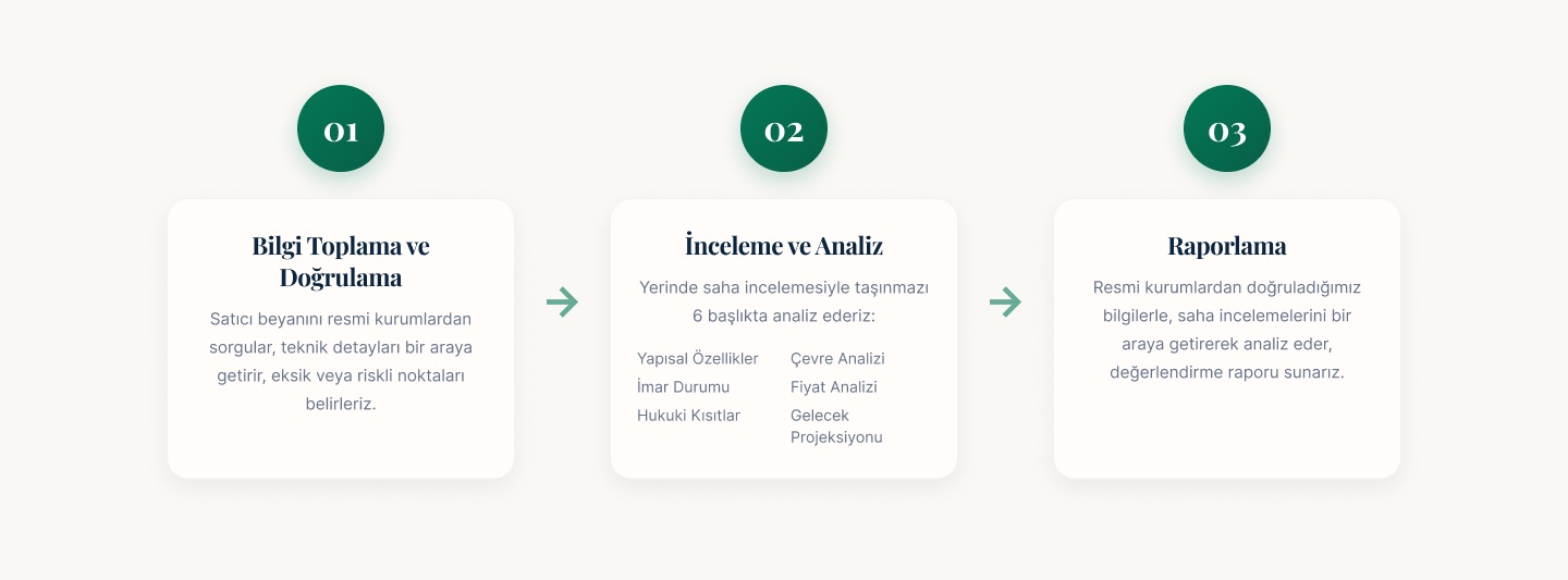 Three numbered steps: information gathering and verification, inspection and analysis, reporting