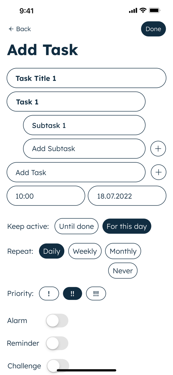 Add Task with a task, a subtask, time and date, keep active, repeat, priority, alarm, reminder and challenge options