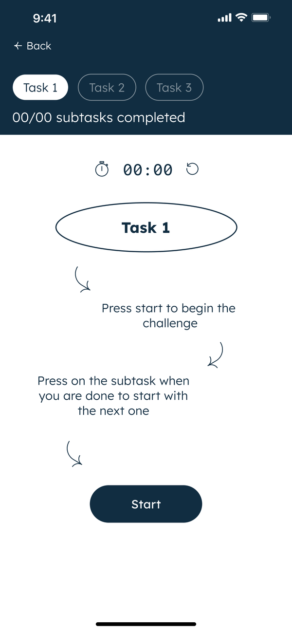 Play challenge before starting: a 00:00 timer, Task 1, instructions to press start and to press each subtask when done, and a Start button