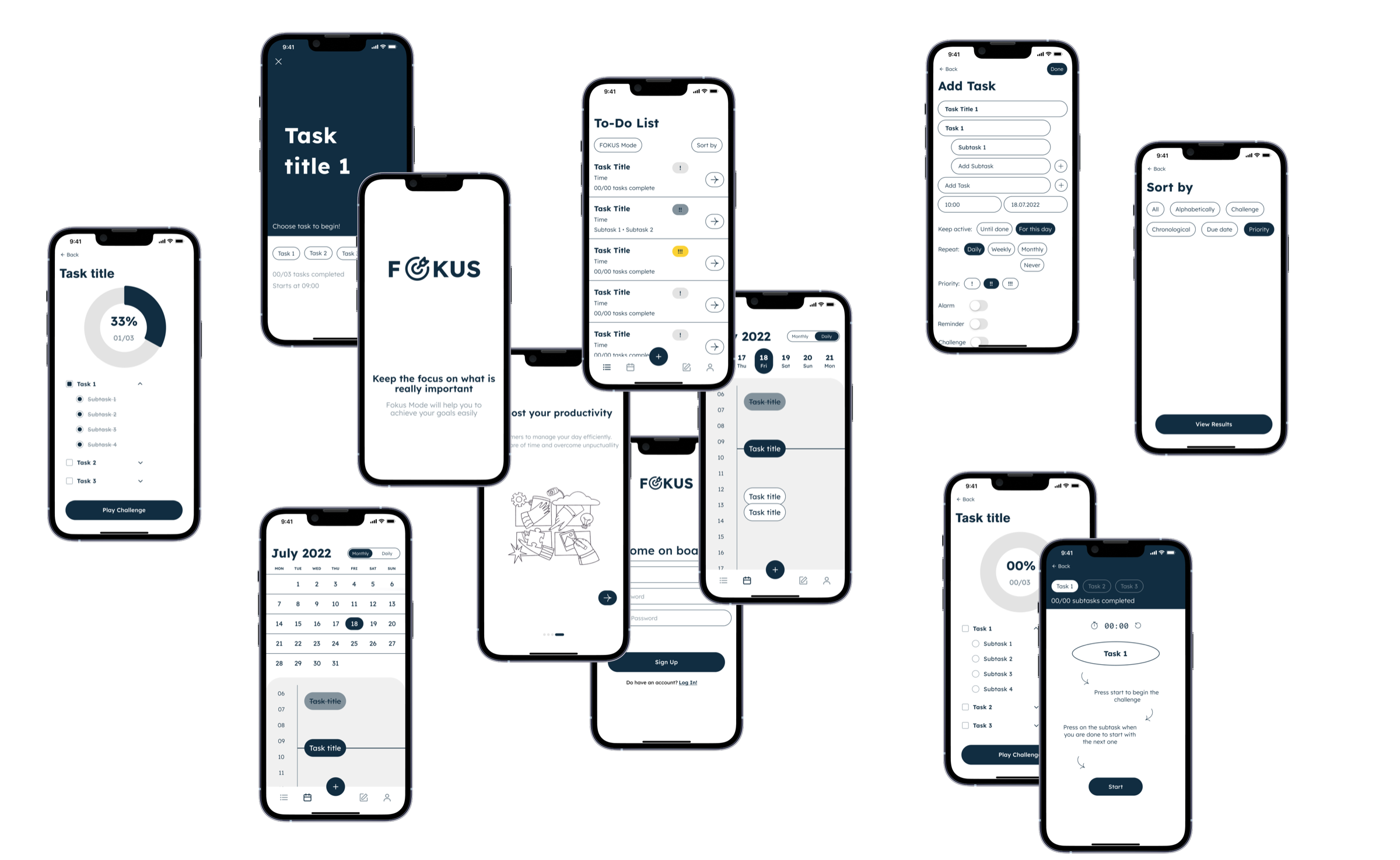 Fokus hi-fi screens: splash, onboarding, sign up, to-do list, add task, sort by, daily and monthly calendar, task detail with progress, and the Fokus Mode challenge