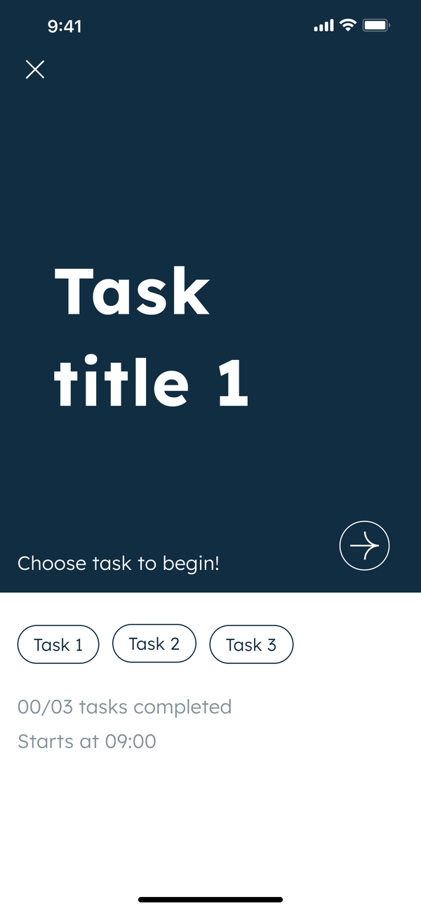 Fokus Mode start screen: a dark panel reading Task title 1 and Choose task to begin, with Task 1, 2 and 3 chips