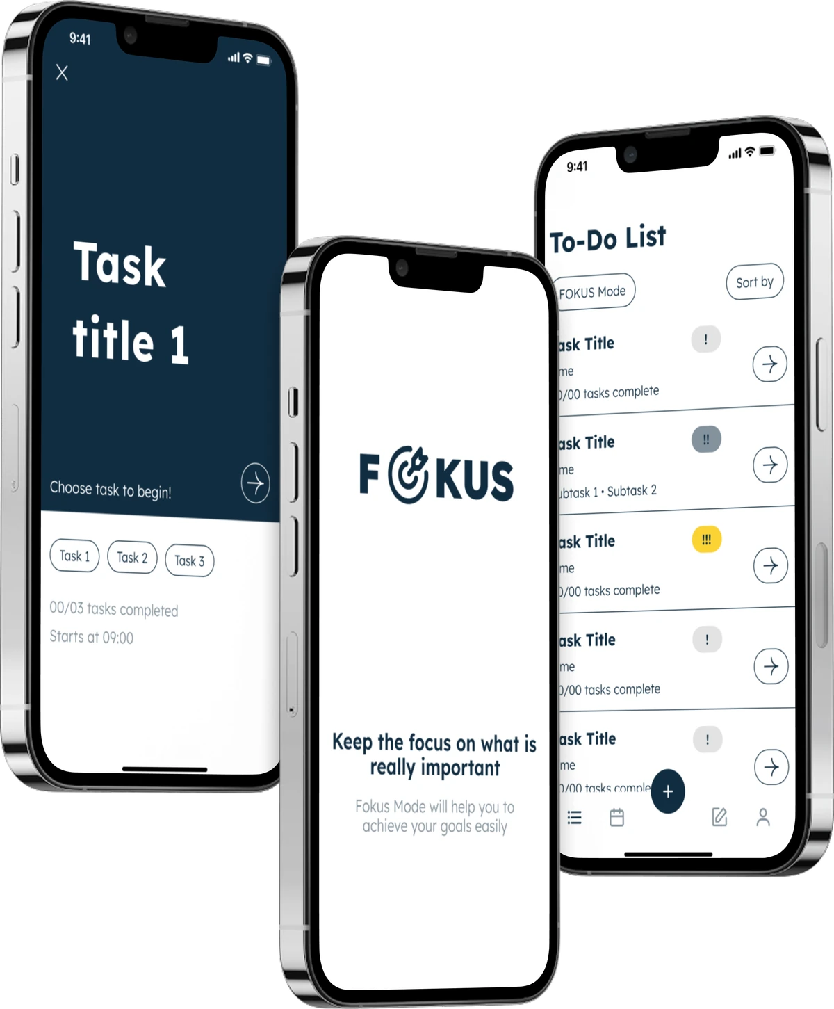 Three Fokus screens in phone mockups: the Fokus Mode start screen, the splash screen and the to-do list