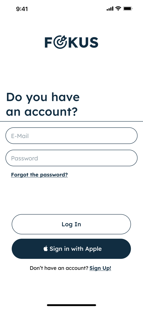 Log in screen: Do you have an account?, with e-mail and password fields, Log In and Sign in with Apple buttons