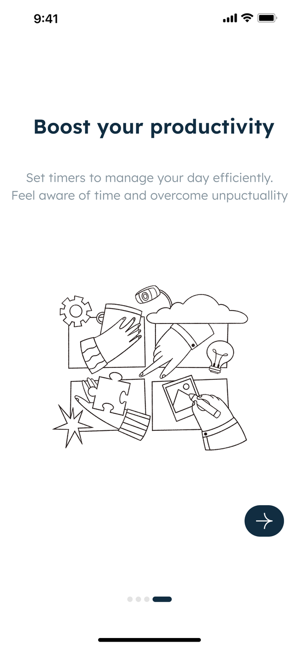 Onboarding: Boost your productivity, with an illustration and a next arrow