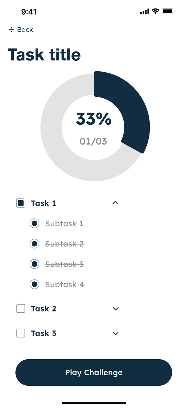 Task screen with a 33% progress ring, 01/03, crossed-off subtasks and a Play Challenge button