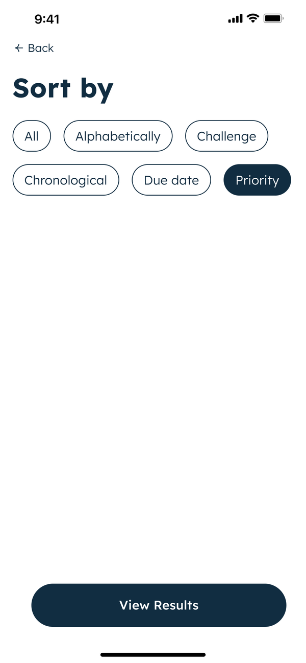 Sort by with All, Alphabetically, Challenge, Chronological, Due date and Priority, with Priority selected