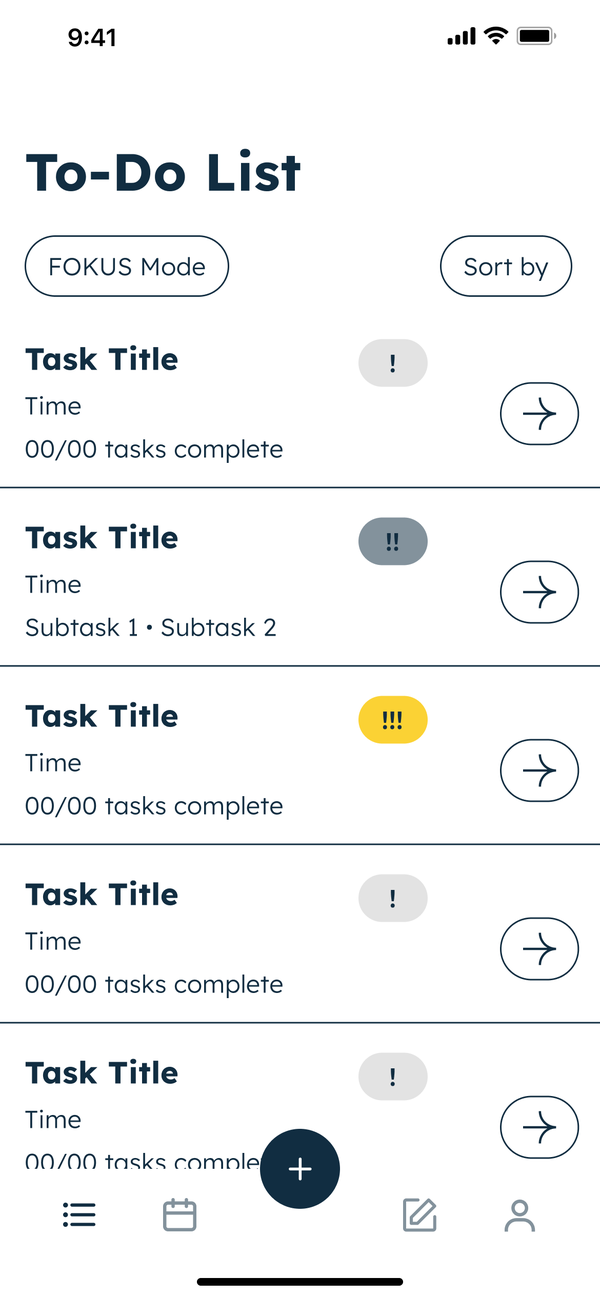 To-Do List: tasks with priority markers, a Fokus Mode button, a Sort by button and a tab bar