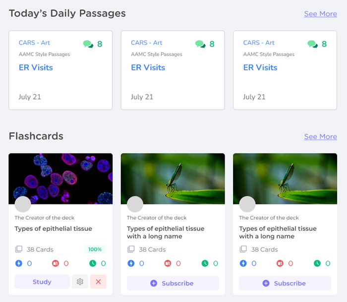 Today's Daily Passages cards and Flashcards decks with Study and Subscribe buttons