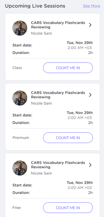 Upcoming Live Sessions: three session cards with start date, duration and a Count me in button