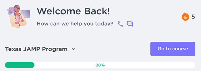 Welcome Back header with a streak counter of 5, the Texas JAMP Program selector, a Go to course button and a 28% progress bar