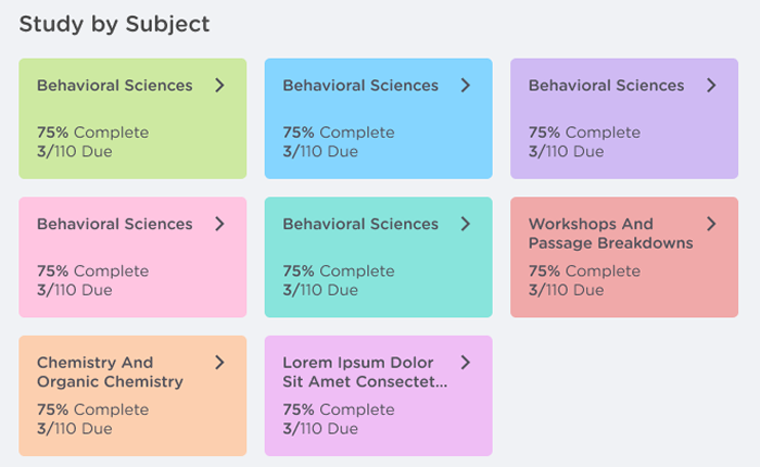 Study by Subject: eight colour-coded cards, each showing percent complete and items due