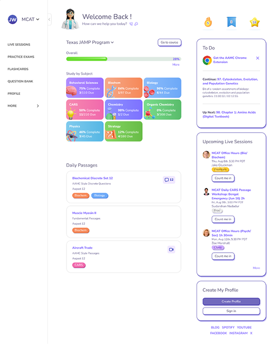 Earlier layout: a text sidebar, illustrated subject cards, daily passages, a To Do list and upcoming live sessions