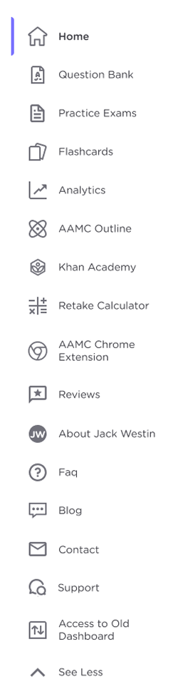 Sidebar, open: the same tools plus Khan Academy, Retake Calculator, AAMC Chrome Extension, Reviews, About Jack Westin, Faq, Blog, Contact, Support, Access to Old Dashboard and See Less