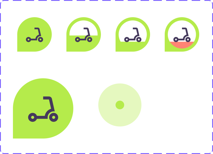 Map pins for scooters with battery levels