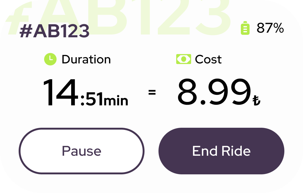Ride details card with duration and cost, and Pause and End Ride buttons