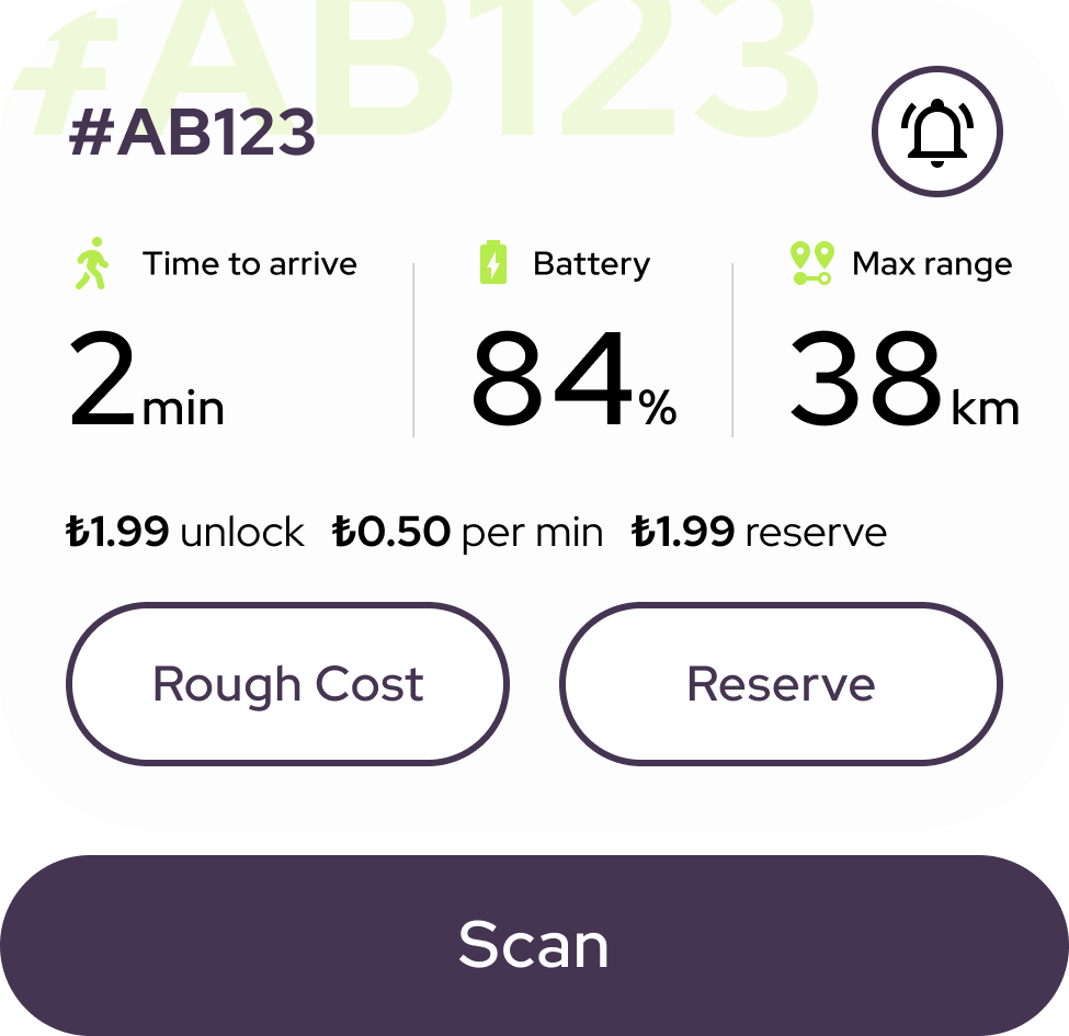 Scooter details card with time to arrive, battery, max range, Rough Cost and Reserve