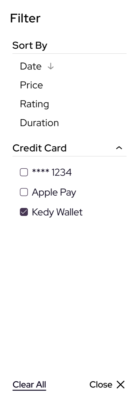 Filter panel: sort by date, price, rating or duration, and filter by credit card