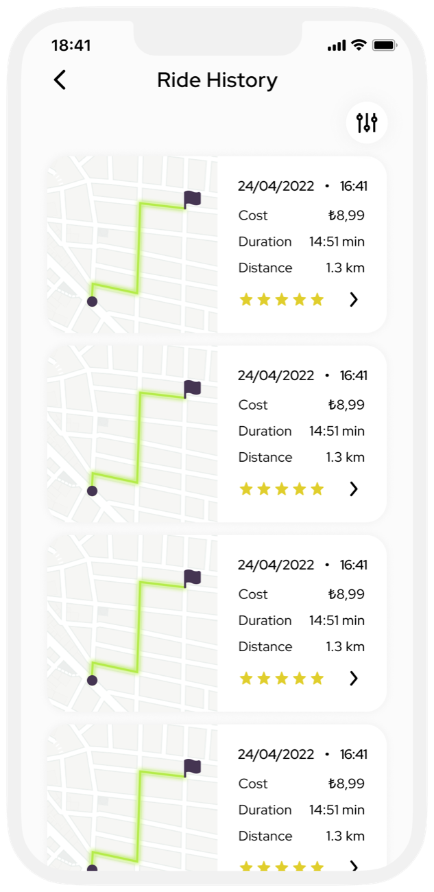 Ride history list with route maps