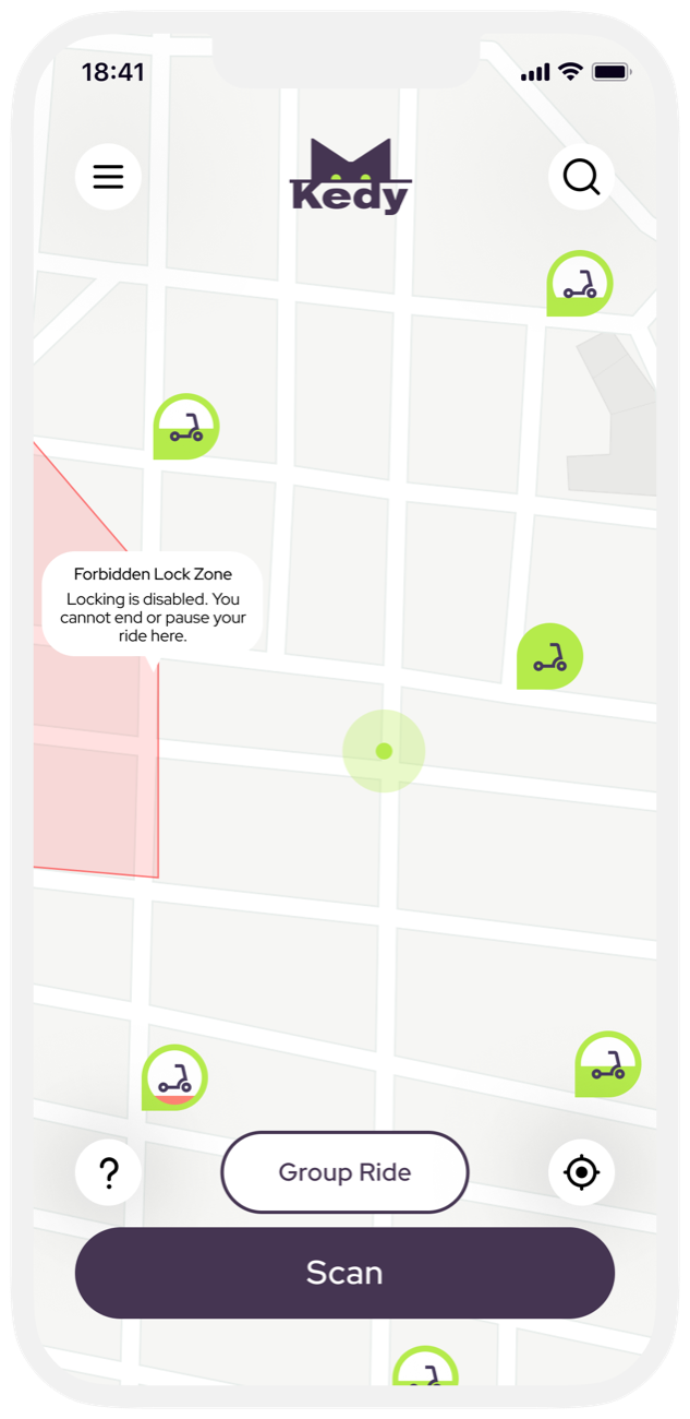 Map with scooter pins showing battery and a forbidden parking zone message