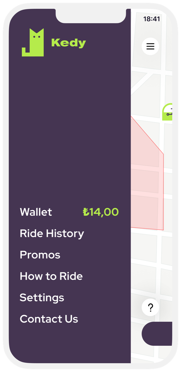 Menu with wallet balance, ride history, promos, how to ride, settings and contact us
