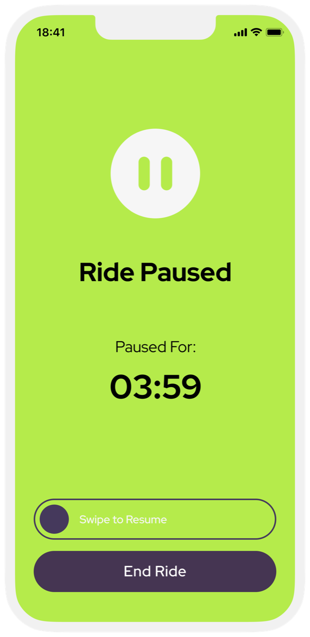 Ride paused on lime, with a 03:59 timer and End Ride