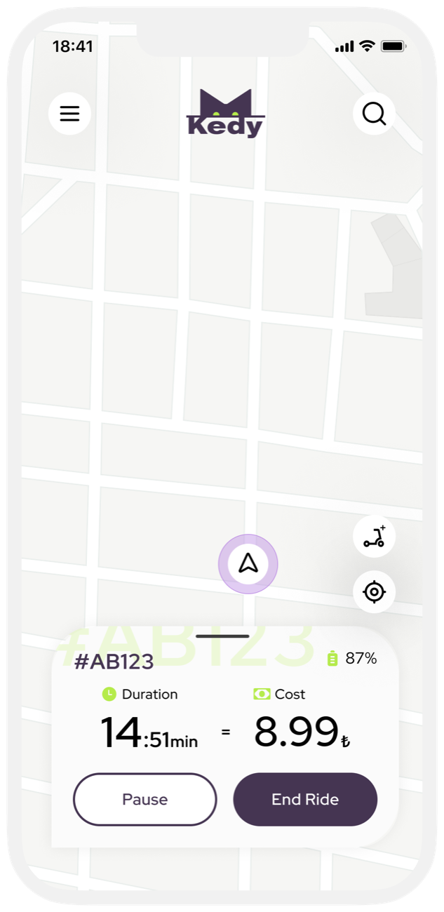Ride screen: map with the scooter, duration, cost, and Pause and End Ride buttons