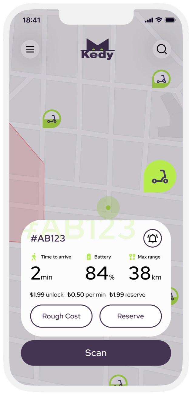 Scooter details: 2 min away, 84% battery, 38 km range, with Rough Cost and Reserve