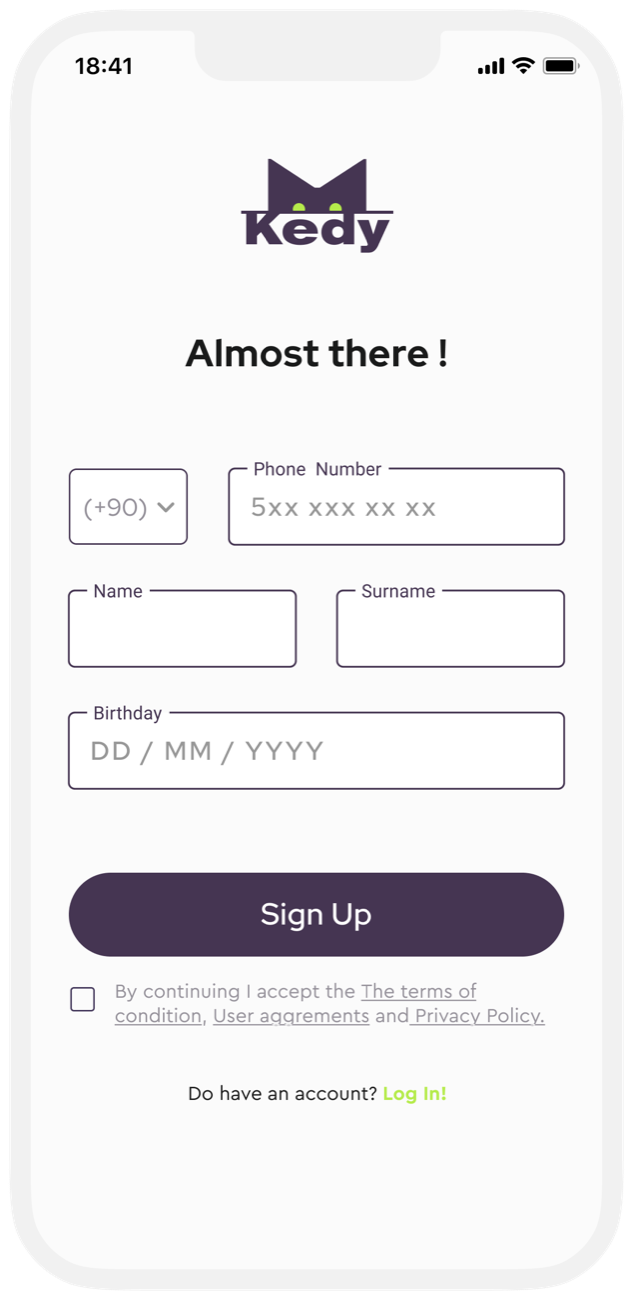 Sign up: Almost there, with phone number, name, surname and birthday fields