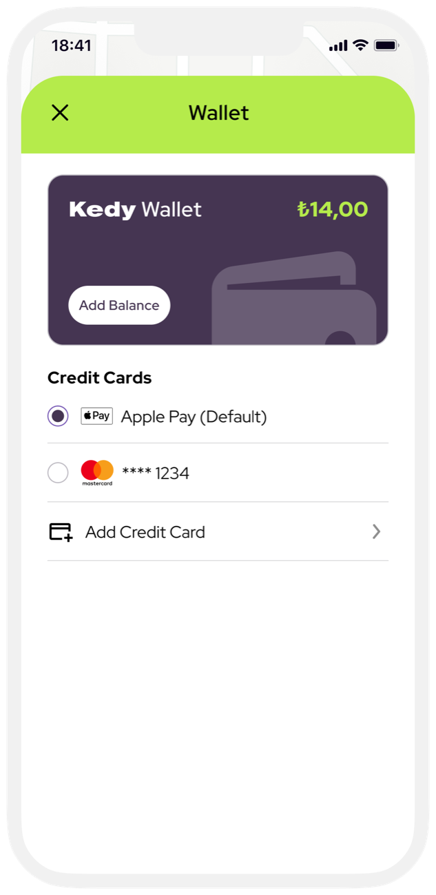 Wallet with the Kedy wallet balance and saved credit cards