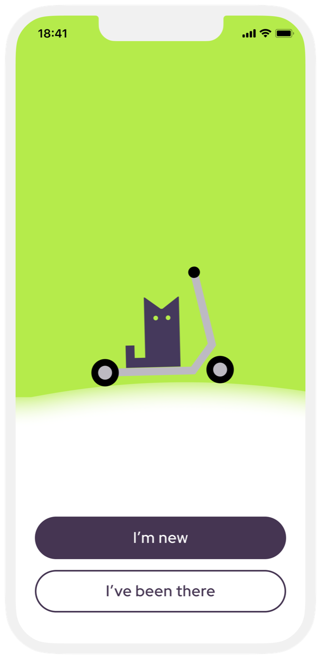 Welcome screen with a cat on a scooter and I'm new and I've been there buttons