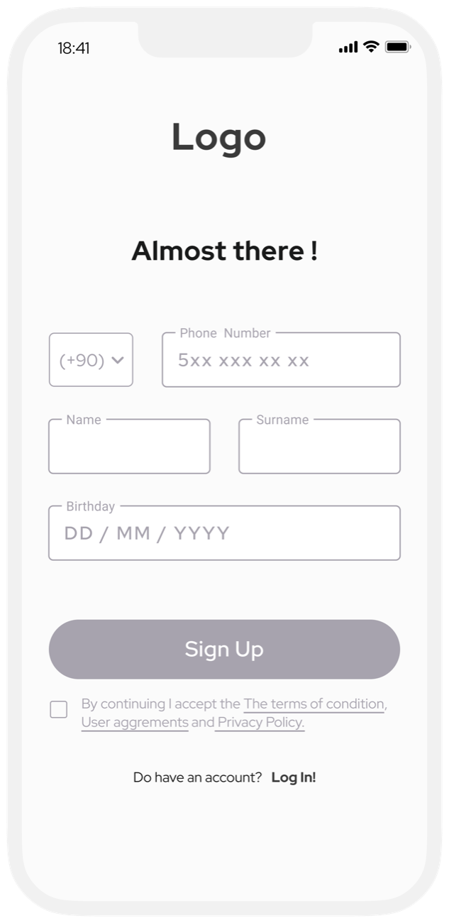 Wireframe: sign up form