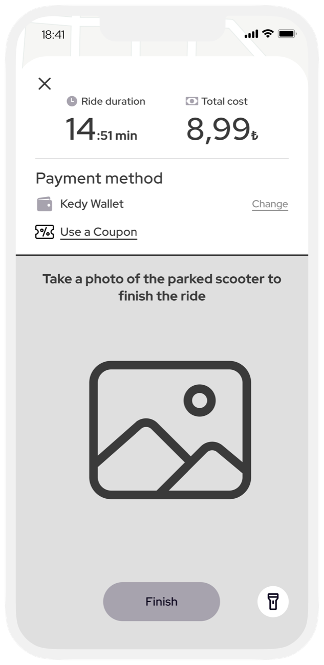 Wireframe: payment and a photo of the parked scooter